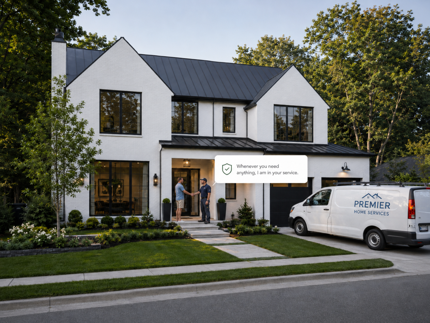 A homeowner and their contractor shaking hands on the doorstep, service van in the driveway