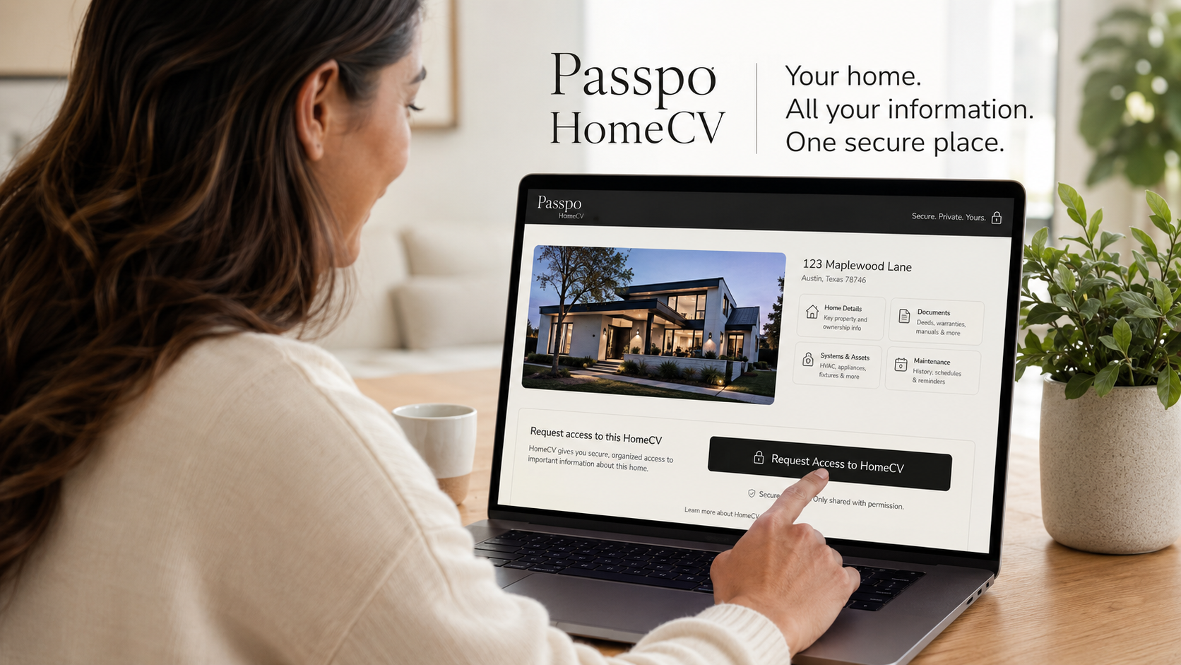 A buyer at a laptop viewing a home's HomeCV, with a Request Access to HomeCV button on screen